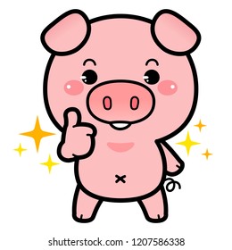 Little Piglet Showing Thumbs Up Gesture. Kawaii Cartoon Style