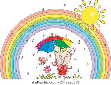 Little piglet with a small butterfly hiding under a striped umbrella from summer rain and looking at a colorful beautiful rainbow in the sunny sky, vector cartoon illustration on a white background