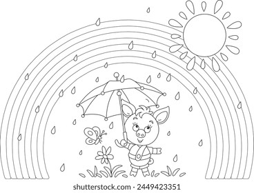 Little piglet with a small butterfly hiding under a striped umbrella from summer rain and looking at a beautiful rainbow in the sunny sky, black and white vector cartoon illustration