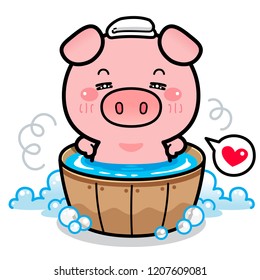 Little Piglet Soak the Warm Water in Wooden Bathtub. Kawaii Cartoon Style