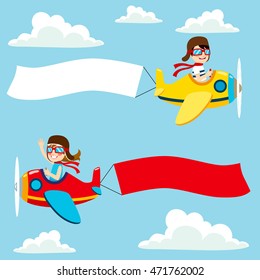 Little Pilot Kids On Airplane With White And Red Blank Banner