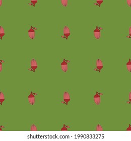 Pequeño patrón de bellota rosa sin costura de patrón botánico salvaje. Fondo verde. Ornamento del doodle natural. Ilustración vectorial para impresiones textiles estacionales, tela, carteles, telas de fondo y papel pintado.