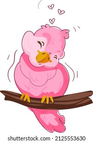 A little pink bird in love on a branch. Nice illustration. Postcard.