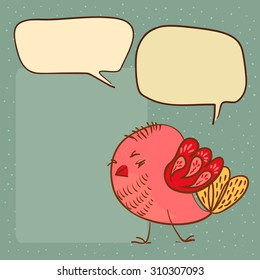 little pink bird with speech bubbles background with space for text, vector illustration