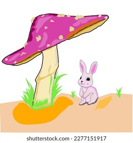 a little pink bunny taking shelter under a giant pink mushroom in a magical forest