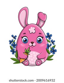 Little pink cartoon bunny rabbit holding a carrot framed by colorful blue spring flowers for an Easter Greeting, colored vector illustration isolated on white for use as a design element