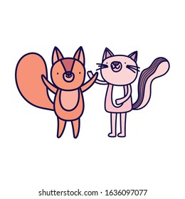 little pink cat and squirrel cartoon character on white background vector illustration