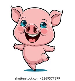Little pink and cheerful pig. Little baby pig. A friendly little pig with big dark eyes. Nice character graphics made in vector graphics. Illustration for a child.
