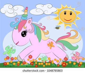 A little pink cute cartoon Unicorn on a clearing with a rainbow, flowers, sun. Postcard, spring, magic