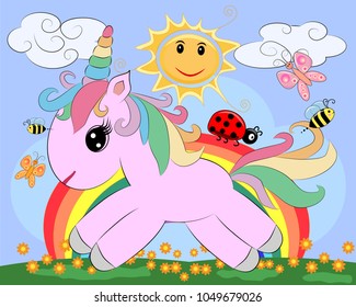 A little pink cute cartoon Unicorn on a clearing with a rainbow, flowers, sun. Postcard, spring, magic