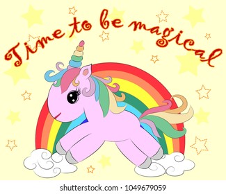 A little pink cute cartoon Unicorn on a clearing with a rainbow, flowers, sun. Postcard, spring, magic