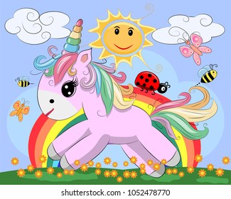 A little pink cute cartoon Unicorn on a clearing with a rainbow, flowers, sun. Postcard, spring, magic