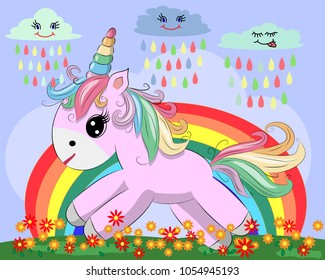 Little Pink Cute Cartoon Unicorn On Stock Vector (royalty Free 