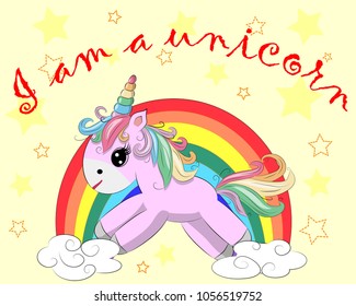 A little pink cute cartoon Unicorn on a clearing with a rainbow, flowers, sun. Postcard, spring, magic