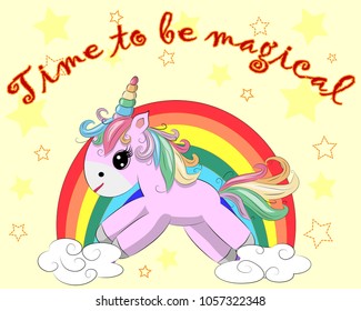 A little pink cute cartoon Unicorn on a clearing with a rainbow, flowers, sun. Postcard, spring, magic