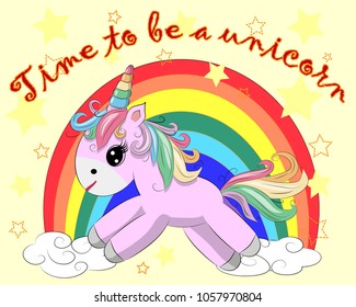 A little pink cute cartoon Unicorn on a clearing with a rainbow, flowers, sun. Postcard, spring, magic