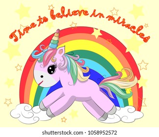 A little pink cute cartoon Unicorn on a clearing with a rainbow, flowers, sun. Postcard, spring, magic