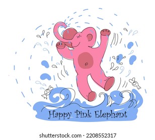 a little pink elephant splashing merrily in the water