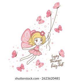 little pink fairy flying with pink butterflies
