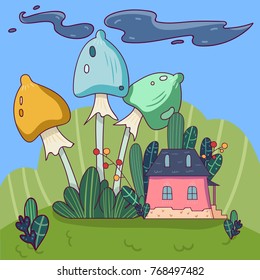 Little pink fairy house surrounded by green forest and garden with giant mushrooms. Fabulous landscape. Hand drawn vector design for kids story book or poster