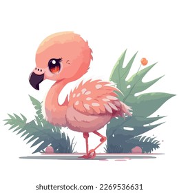 Little pink flamingo. Little baby flamingo. A friendly little flamingo with big dark eyes. Nice character graphics made in vector graphics. Illustration for a child.