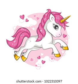 Little pink magical unicorn. Vector design on white background. Print for t-shirt. Romantic hand drawing illustration for children.