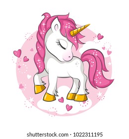 Little pink magical unicorn. Vector design on white background. Print for t-shirt. Romantic hand drawing illustration for children.