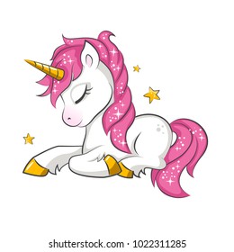 Little pink magical unicorn. Vector design on white background. Print for t-shirt. Romantic hand drawing illustration for children.