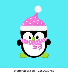 Little pink penguin in winter clothes, cute penguin.
