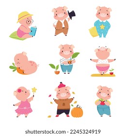 Little Pink Pig Character Engaged in Different Activity Vector Set