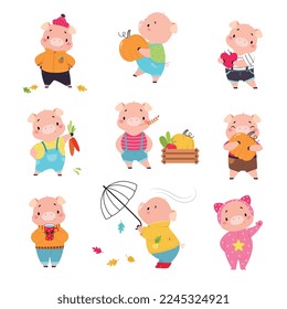 Little Pink Pig Character Engaged in Different Activity Vector Set