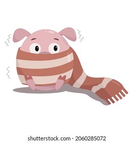 little pink pig is sitting wrapped up in a warm scarf