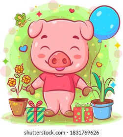 The little pink pig stands near the gift and plants of illustration