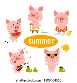 Little Pink Piggy Different Emotions And Situations. Set Of Cute Emoji Illustrations in different season: winter, summer, autumn, spring