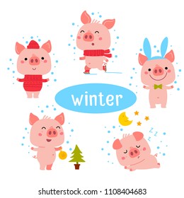 Little Pink Piggy Different Emotions And Situations. Set Of Cute Emoji Illustrations in different season: winter, summer, autumn, spring