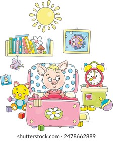 Little pink piglet awaking up in its pretty small bed among toys and fairy tale books after merry rings of a funny alarm clock in a nursery room on a sunny morning, vector cartoon illustration