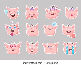 Little pink pigs.Vector set of cute funny emoji characters. Weeping, laughing, sleeping,emory, sad, surprised, angry, scared characters. Stickers. Flat style.