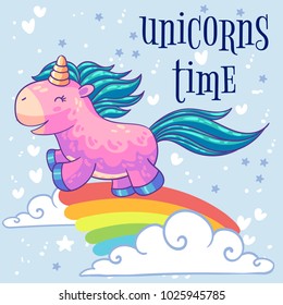 Little pink pony unicorn running on a rainbow in the clouds. Cartoon character. It can be used for sticker, patch, phone case, poster, t-shirt, mug and other design.