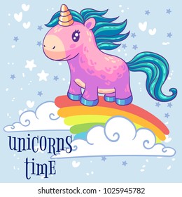 Little pink pony unicorn standing on a rainbow. Cartoon character. It can be used for sticker, patch, phone case, poster, t-shirt, mug and other design.