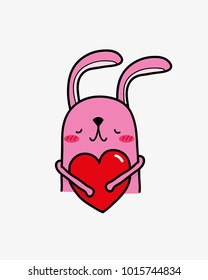 Little pink rabbit hug red heart. Decoration greeting card, website, banner. cute vector, doodle.