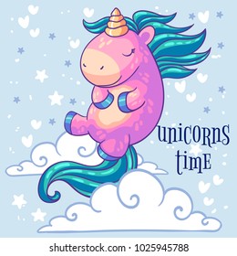 Little pink unicorn pony sleeping in the clouds. Cartoon character. It can be used for sticker, patch, phone case, poster, t-shirt, mug and other design.