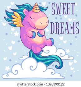 Little pink unicorn pony with wings sleeping in the clouds. Cartoon character. It can be used for sticker, patch, phone case, poster, t-shirt, mug and other design.