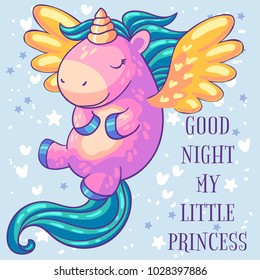 Little pink unicorn pony with wings sleeping. Cartoon character. It can be used for sticker, patch, phone case, poster, t-shirt, mug and other design.