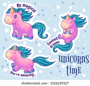 Little pink unicorn stickers. Cartoon characters set. It can be used for  patch, phone case, poster, t-shirt, mug and other design.