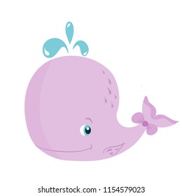Little pink Whale, vector illustration isolated on white background, cute baby shower decor