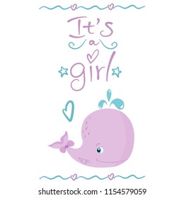 Little pink Whale, vector illustration isolated on white background, cute baby shower decor