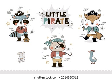 Little piratats animals cartoon character. Raccoon, fox, bear illustrations for kids