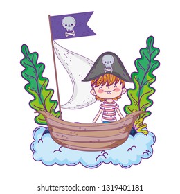 little pirate with boat in clouds