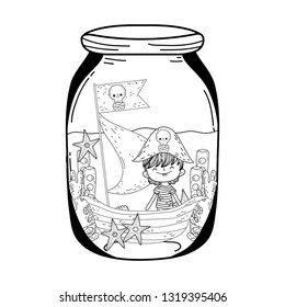 little pirate with boat in mason jar