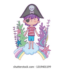 little pirate in the clouds with rainbow